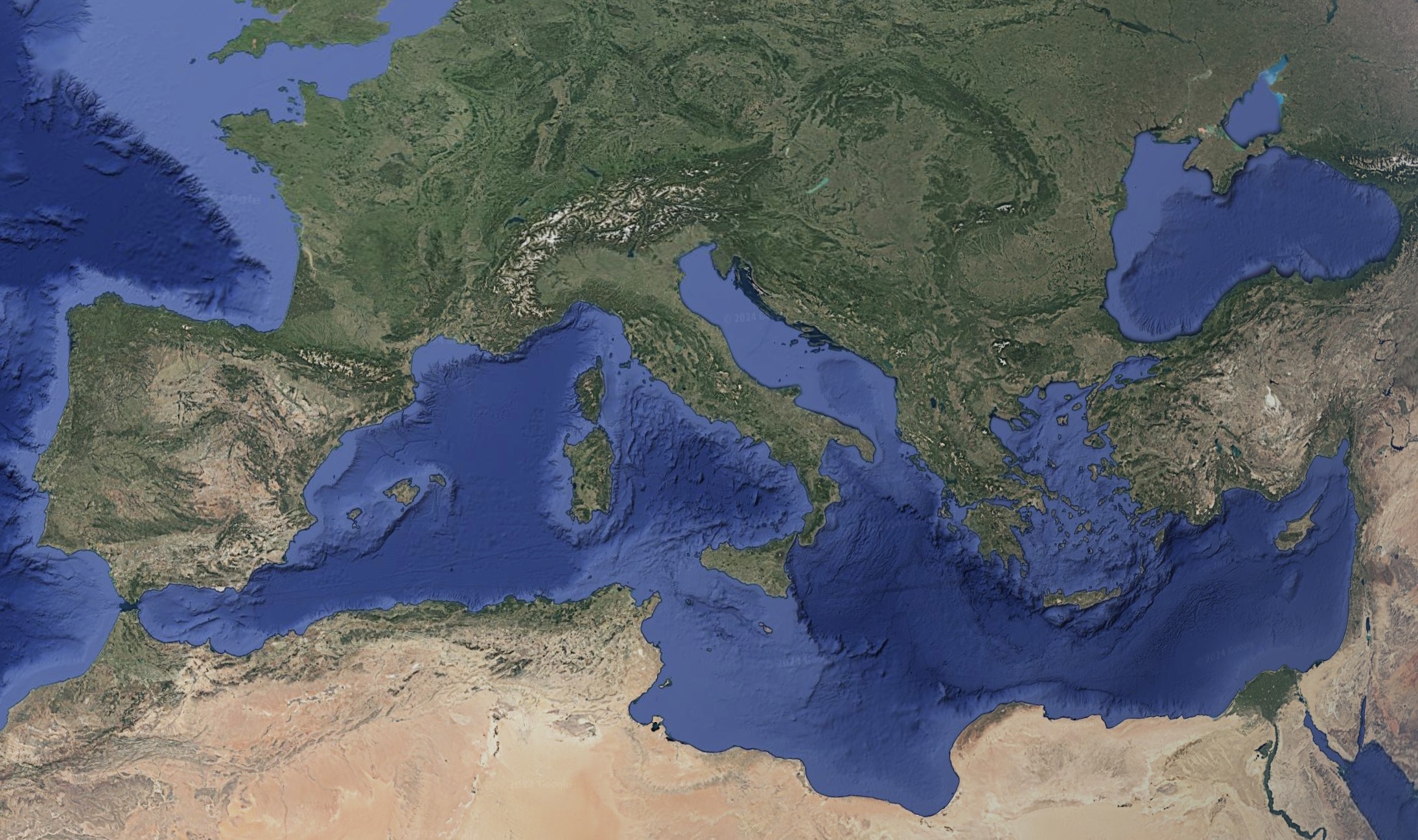 Satellite view of the Mediterranean Sea (from Google Earth: data from Landsat /CopernicusData SIO, NOAA, U.S. Navy, NGA, GEBCOIBCAOImagery , 12/14/2015–newer).